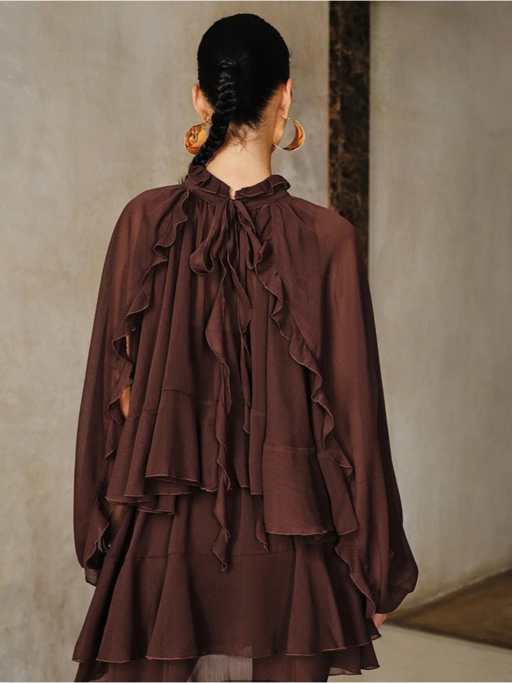 NWT Commense Chocolate Brown Ruffled Cape Mini Dress - Picture 5 of 13